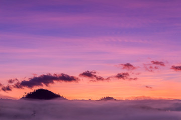 Obraz premium Beautiful orange light on mist mountain of fog when sunrise time. Mountain landscape in the north of Thailand