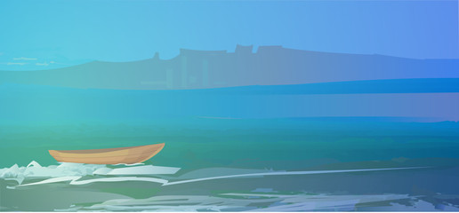 Boat on the sea beautiful landscape vector illustration