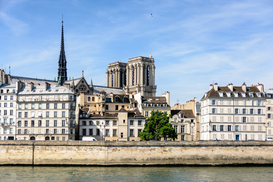 View of Notre-Dame de Paris cathedral on the Ile de la Cite with typical parisian buildings in the foreground.