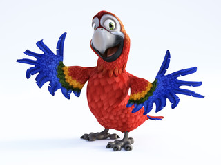 3D rendering of cartoon parrot smiling.