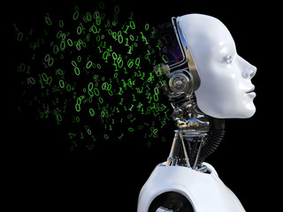3D rendering of female robot head that shatters with zeros and ones.