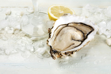Closeup photo of an oyster with wine and lemon