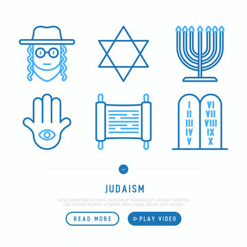 Judaism thin line icons set: Orthodox jew, star of David, sufganiyot, hamsa, candles. Modern vector illustration, web page template.