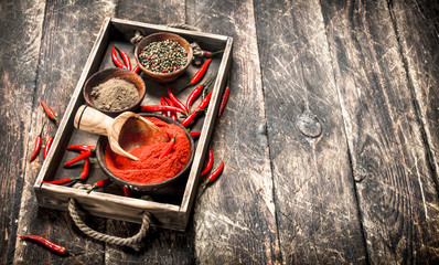 Ground red hot chili pepper on a tray.