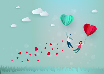 Fototapeta na wymiar Vector happy valentines day illustration, invitation card, sale poster, party banner template - man and girl couple flying at paper origami hearts - air balloons in blue cloud sky.