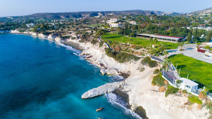 Aerial view of coastline and landmark big white chalk rock at Governor's beach, Limassol,...