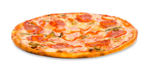 pizza with bacon, peperoni and mushrooms