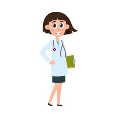 vector flat cartoon woman doctor in white medical clothing with sthetoscope holding clipboard with blank paper. Adult female character with modern haircut. Isolated illustration on a white background.