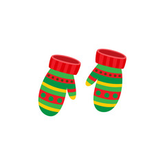 Pair of striped knitted mittens, red and green, winter icon, flat cartoon vector illustration isolated on white background. Two warm knitted mittens decorated with striped pattern