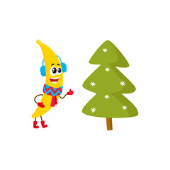 Vector flat winter fruit symbol icon set. Happy banana character in warm scarf, boots, headphones knitted mittens smiling, spruce christmas tree. Isolated illustration
