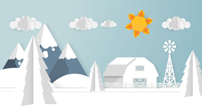 Paper Cut Out Art Scene Vector Illsutartion. Landscape Background.