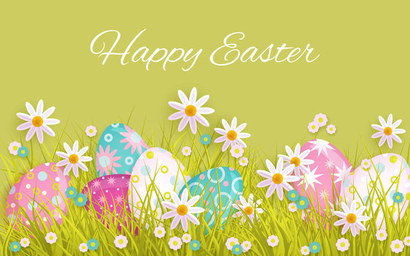 vector easter holiday poster, banner background template with spring festive elements - decorated eggs, daisy flowers and green grass for your design. Illustration on green background.