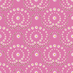 Seamless pattern with ornaments made by chamomile and bell flowers on pink background, vector illustration, textile, wrapping paper, backdrop design. Seamless pattern of spring meadow flowers