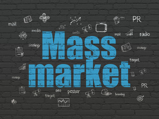 Marketing concept: Painted blue text Mass Market on Black Brick wall background with  Hand Drawn Marketing Icons