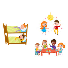vector summer camp kids set. Caucasian, african Girls, boys eating porridge, fruits vegetables at table, sleeping in bunk bed, dancing at party under disco ball. Isolated illustration white background