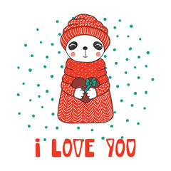 Hand drawn vector illustration of a cute funny cartoon panda in sweater, holding a chocolate heart, with typography. Isolated objects on white background. Design concept for children, Valentines day.