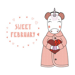 Obraz premium Hand drawn vector illustration of a cute funny cartoon unicorn in cardigan, holding a chocolate heart, with typography. Isolated objects on white background. Design concept for kids, Valentines day