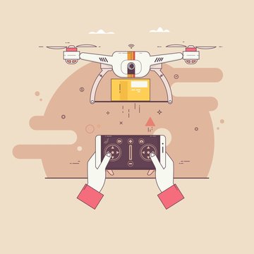 Dron delivers the parcel.The concept of fast, free delivery, gift.