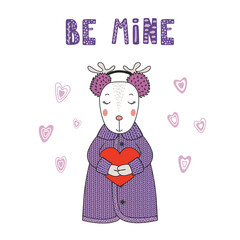 Hand drawn vector illustration of a cute funny cartoon deer in cardigan, earmuffs, holding a heart, with typography. Isolated objects on white background. Design concept for children, Valentines day.