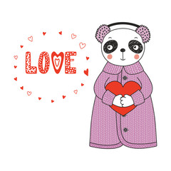 Hand drawn vector illustration of a cute funny cartoon panda in cardigan, earmuffs, holding a heart, with typography. Isolated objects on white background. Design concept for children, Valentines day.