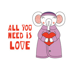 Hand drawn vector illustration of a cute funny cartoon elephant in cardigan, hat, holding a heart, with typography. Isolated objects on white background. Design concept for children, Valentines day.