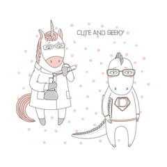 Hand drawn vector illustration of a cute funny unicorn in a lab coat, with chemical reagents, dragon in glasses, holding a comic book, text. Isolated objects. Design concept children, geek culture