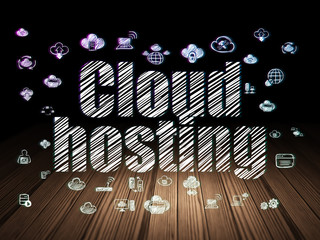 Cloud networking concept: Glowing text Cloud Hosting,  Hand Drawn Cloud Technology Icons in grunge dark room with Wooden Floor, black background