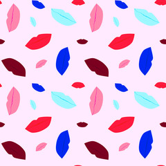 seamless pattern of multicolored lips on a pink background