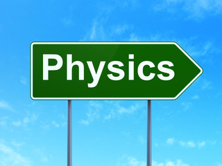 Studying concept: Physics on green road highway sign, clear blue sky background, 3D rendering