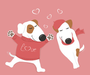 Cute loving white dog lying with his eyes closed. Pink background and hearts. Vector illustration.