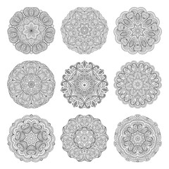 Flower vector mandalas set. Collrction of oriental circle patterns, coloring illustrations