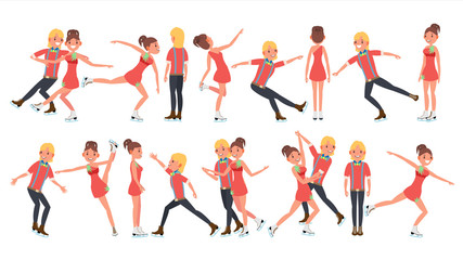 Couple With Ice Skaters Vector. Training Ice Show. Boy And Girl In Pair. Cartoon Character Illustration