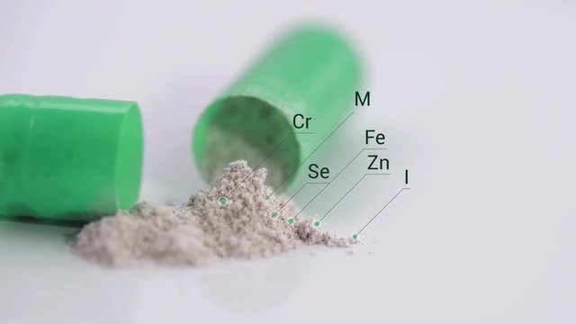 Pharmaceuticals, view of the opened capsule with medicine, chemical elements with motion graphics, isolated.
