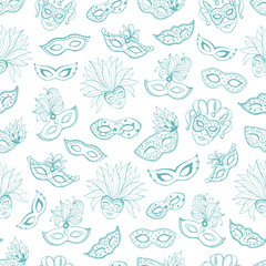 Venetian carnival seamless pattern. Tiled background with masks for masqeurade cards, posters decorations. Hand drawn carnival wallpaper. © ollymolly