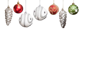 Silver, Red, Green Christmas New Year baubles for Christmas tree isolated on white