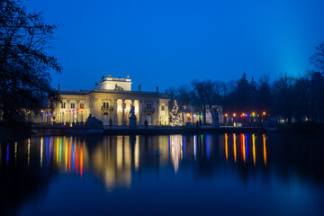 Royal Palace on the Water in Lazienki Park at night  in Warsaw, Poland