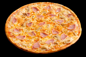 pizza with ham and mushrooms, isolated