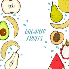 Vector fruit advertising organic fruits, leaflet, shop, watermelon, pear, avocado, apple, lemon, banana, peach
