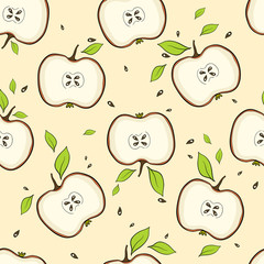 Tiled seamless pattern of cartoon apple slice in modern style. Healthy diet concept fruit print. Vector illustration.