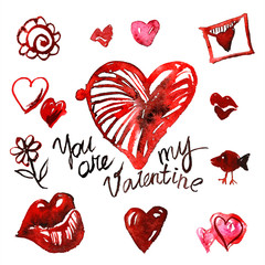 Watercolor hand painted background with hearts. Valentine's Day