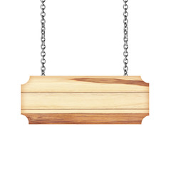 Wooden sign hanging on a chain isolated on white