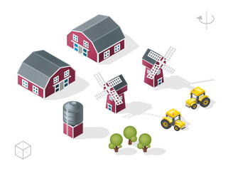 Set of Isolated Isometric Minimal City Elements. Barn , Windmill and Silo with Shadows on White Background