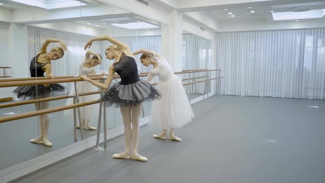 The two ballerinas are doing right leans with raised hand standing near the barre in ballet class. The one female graceful dancer wears black tutu and leotard and the second woman is in white dress