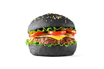 Black burger isolated on white background. 