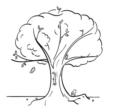 Outline of an Oak Tree with Squirrels and Acorns