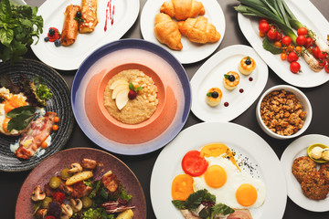 Restaurant breakfast with bacon and fried eggs