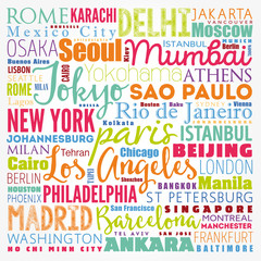 The largest cities in the world word cloud collage, travel destinations concept background
