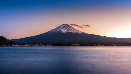 Fototapeta na wymiar Fuji mountain and Kawaguchiko lake at sunset, Autumn seasons Fuji mountain at yamanachi in Japan.