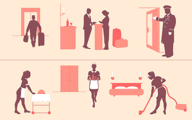 Hotel business. Room service. Reception. Doorman invites you to enter hotel. Bellboy carries suitcases to elevator. Porter serves customer. Vector illustration. Pink background. 
