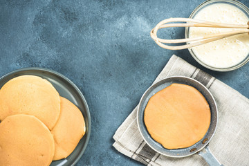 Preparation of pancakes , top view with copy space